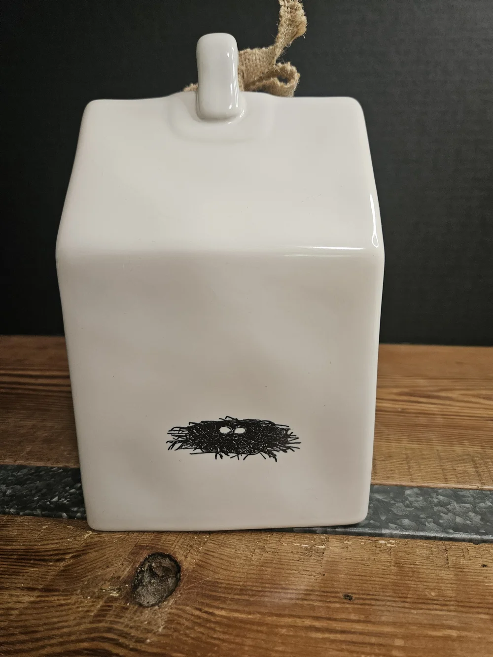 Rae Dunn NEST Ceramic Birdhouse Decoration - White with Black Nest Graphic